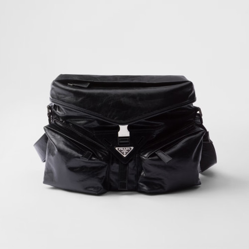 NIGO Prada Men's Black Triangle Label Metal Logo Leather Crossbody Shoulder Bag Bags #nigo98744