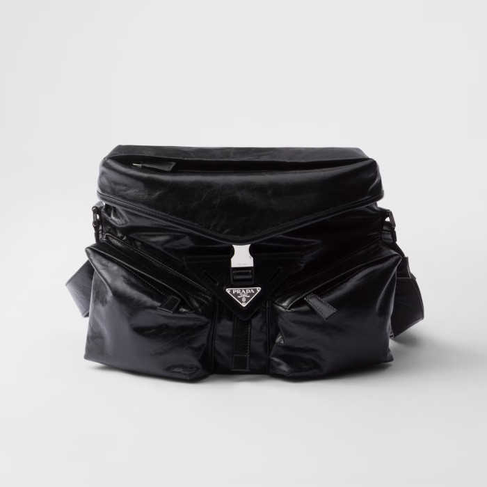 NIGO Prada Men's Black Triangle Label Metal Logo Leather Crossbody Shoulder Bag Bags #nigo98744