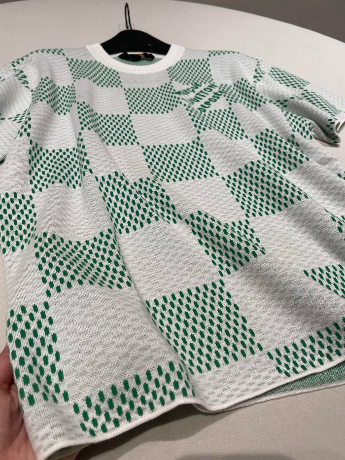 NIGO Louis Vuitton Men's Summer White Green Plaid Pattern Round Neck Cotton Short Sleeve T-Shirt #nigo98739