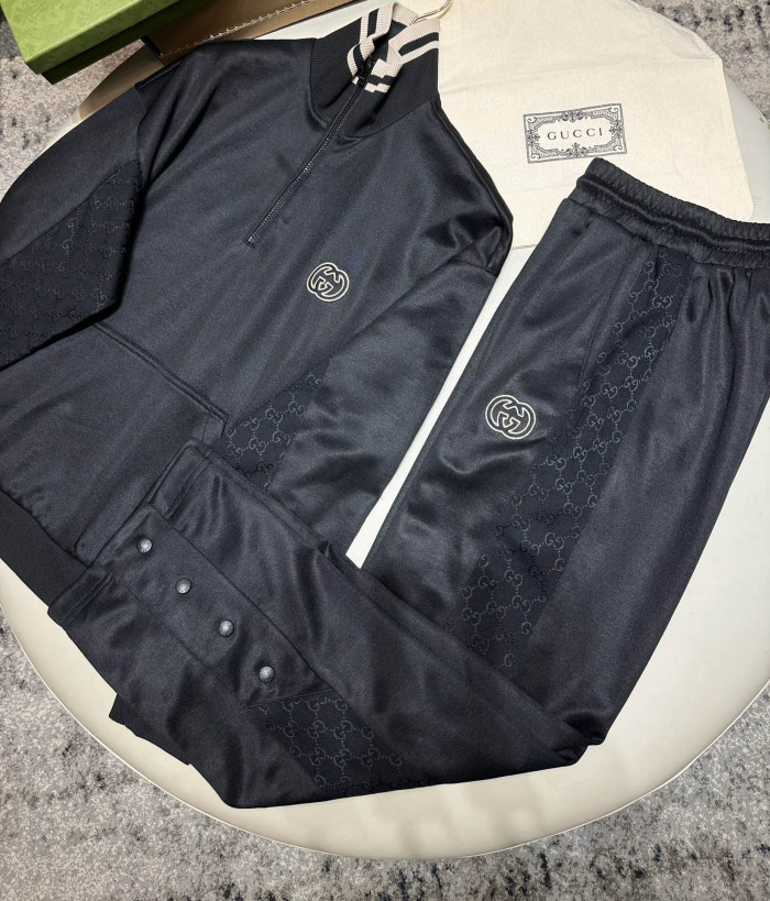 NIGO Gucci Men's Spring and Autumn Black Logo Embroidery Zipper Standing Collar Long Sleeve Jacket Elastic Knit Sweatpants Pants Suit Set #nigo98786