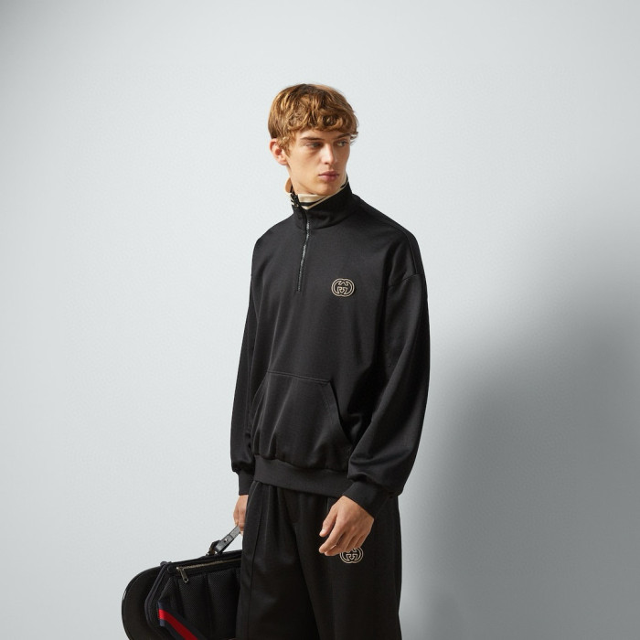NIGO Gucci Men's Spring and Autumn Black Logo Embroidery Zipper Standing Collar Long Sleeve Jacket Elastic Knit Sweatpants Pants Suit Set #nigo98786