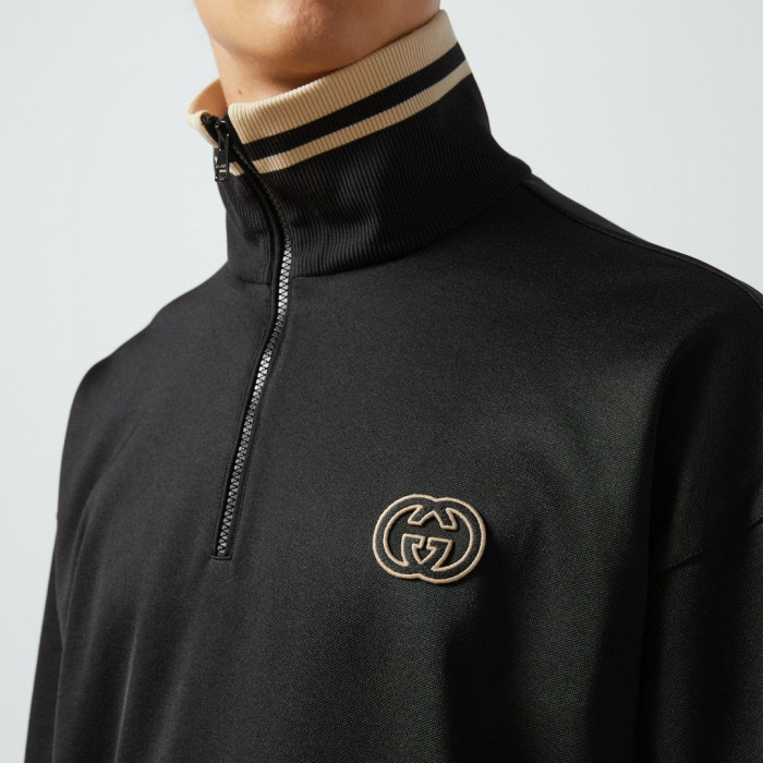 NIGO Gucci Men's Spring and Autumn Black Logo Embroidery Zipper Standing Collar Long Sleeve Jacket Elastic Knit Sweatpants Pants Suit Set #nigo98786