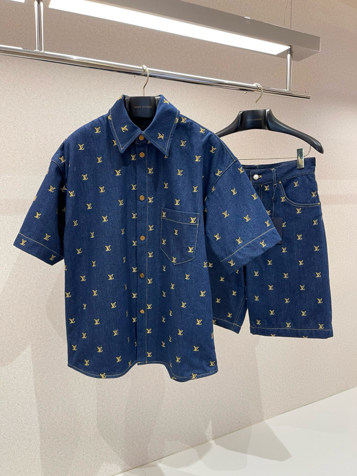 NIGO Louis Vuitton Men's Summer Logo Embroidery Blue Single Breasted Lapel Denim Short Sleeve Shirt Shorts Set Suit #nigo98741