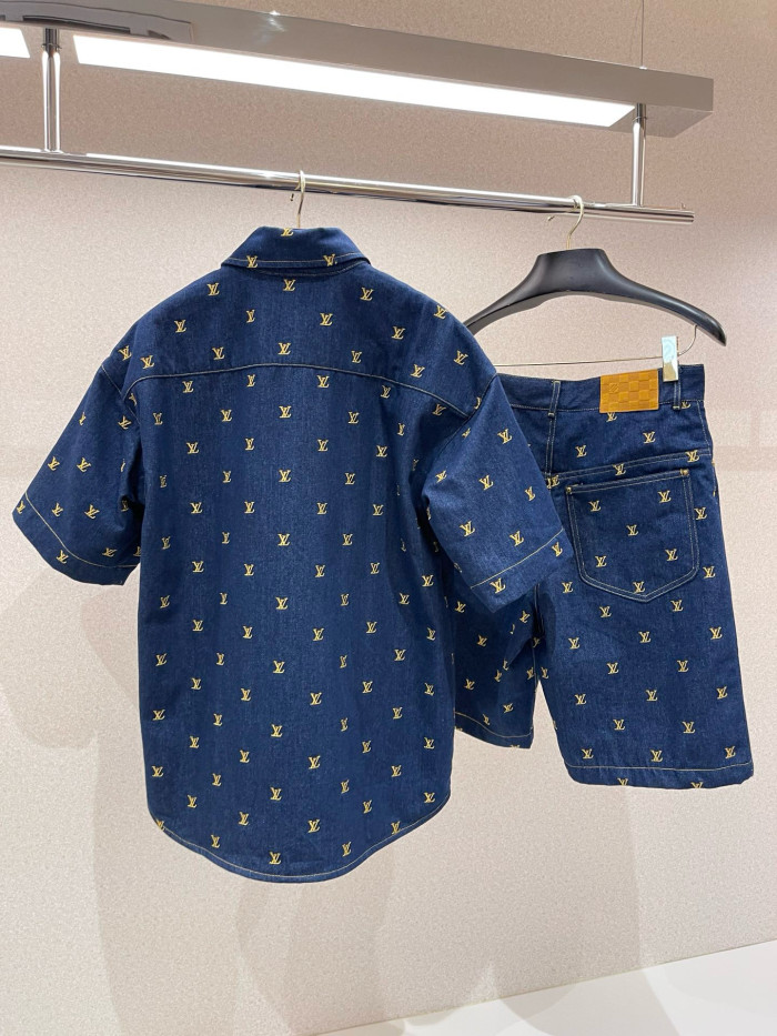 NIGO Louis Vuitton Men's Summer Logo Embroidery Blue Single Breasted Lapel Denim Short Sleeve Shirt Shorts Set Suit #nigo98741