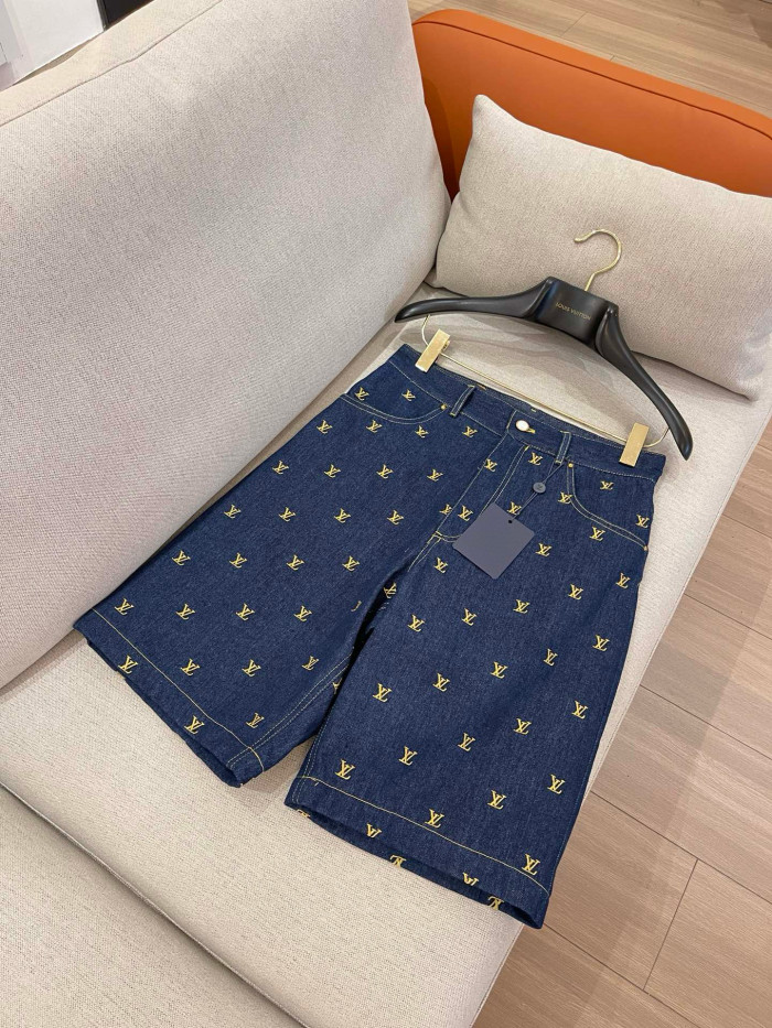 NIGO Louis Vuitton Men's Summer Logo Embroidery Blue Single Breasted Lapel Denim Short Sleeve Shirt Shorts Set Suit #nigo98741
