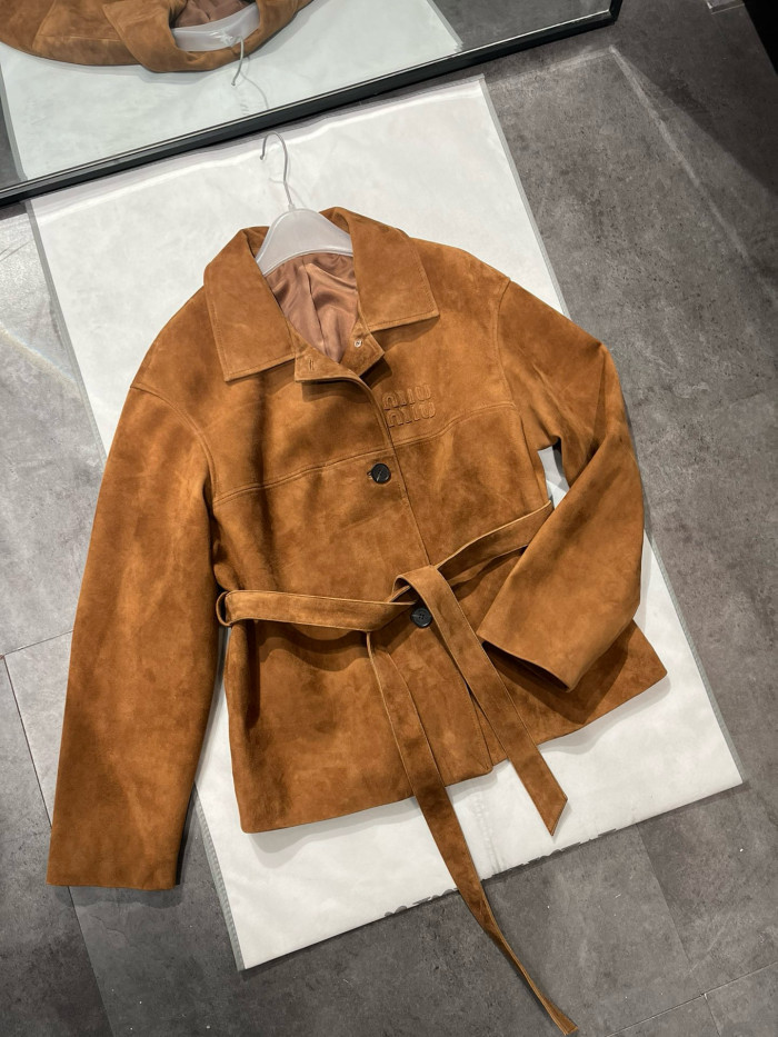 NIGO MiuMiu Women's Fall/Winter Brown Embossed Logo Lapel Suede Long Sleeve Jacket #nigo98838