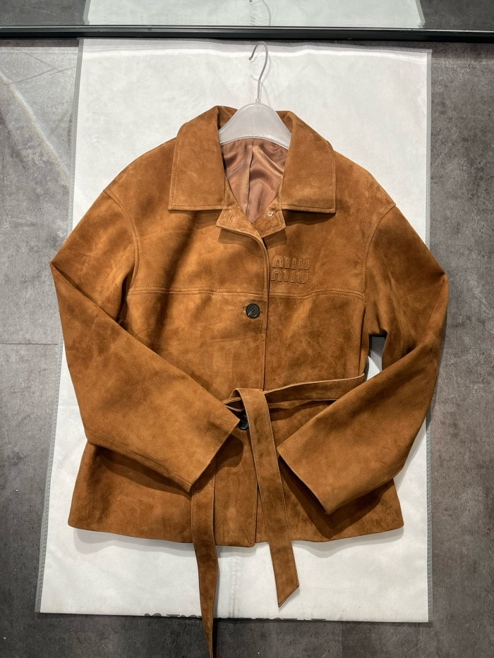 NIGO MiuMiu Women's Fall/Winter Brown Embossed Logo Lapel Suede Long Sleeve Jacket #nigo98838