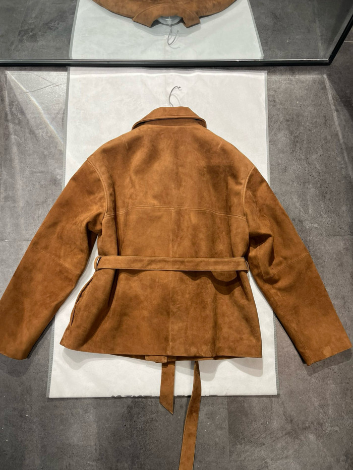 NIGO MiuMiu Women's Fall/Winter Brown Embossed Logo Lapel Suede Long Sleeve Jacket #nigo98838
