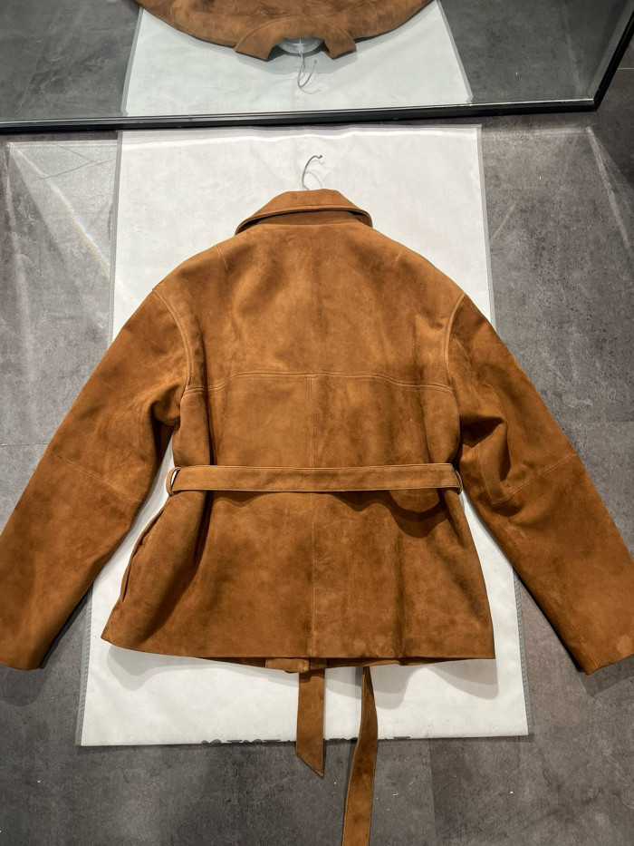 NIGO MiuMiu Women's Fall/Winter Brown Embossed Logo Lapel Suede Long Sleeve Jacket #nigo98838