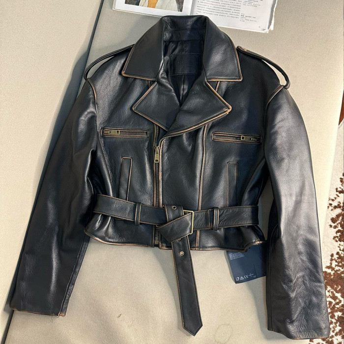 NIGO Prada Women's Spring And Autumn Solid Color Fashion Retro Zipper Short Section Long-Sleeved Cowhide Jacket Coat Ngvp #nigo8134
