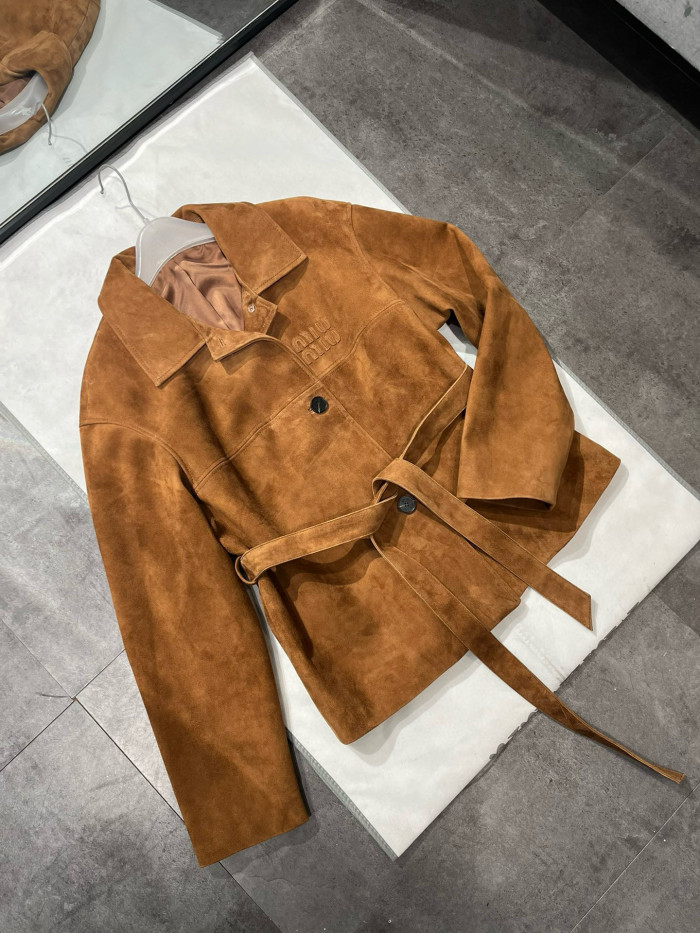 NIGO MiuMiu Women's Fall/Winter Brown Embossed Logo Lapel Suede Long Sleeve Jacket #nigo98838