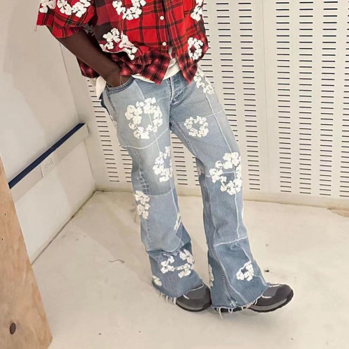 NIGO Denim Tears x Readymade Men's Women's Washed And Aged Floral Embroidery Patchwork Fitted Wide Leg Blue Denim Pants Ngvp #nigo8138