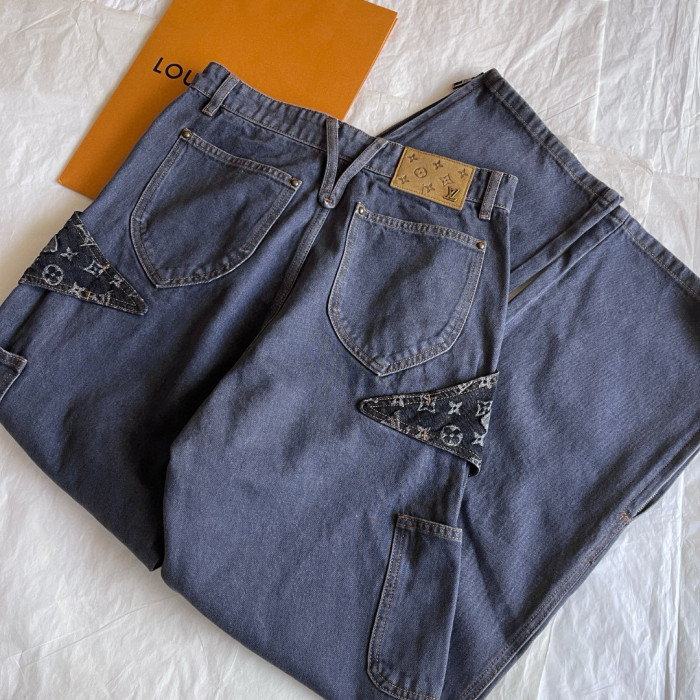 NIGO Louis Vuitton Monogram Flower Denim Pants Men's Black Logo Letter Print Irregular Fit Jeans #nigo98869