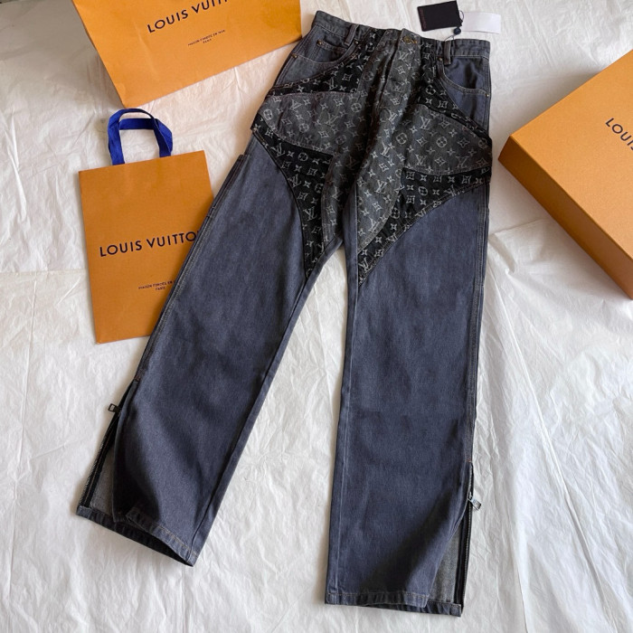 NIGO Louis Vuitton Monogram Flower Denim Pants Men's Black Logo Letter Print Irregular Fit Jeans #nigo98869