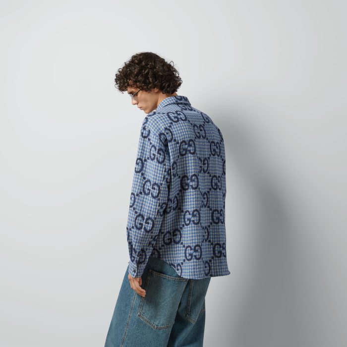 NIGO Gucci Men's Spring and Autumn Blue Letter Printed Single Breasted Long Sleeve Lapel Shirt #nigo98873