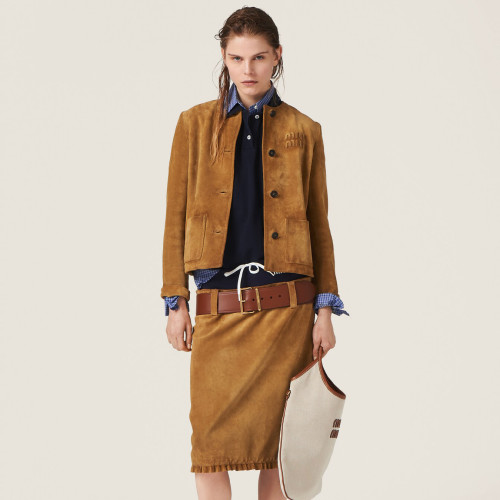 NIGO MiuMiu Women's Autumn and Winter Brown Logo Letter Printed Round Neck Single Breasted Long Sleeve Suede Jacket Short Dress Skirt Set Suit #nigo98874