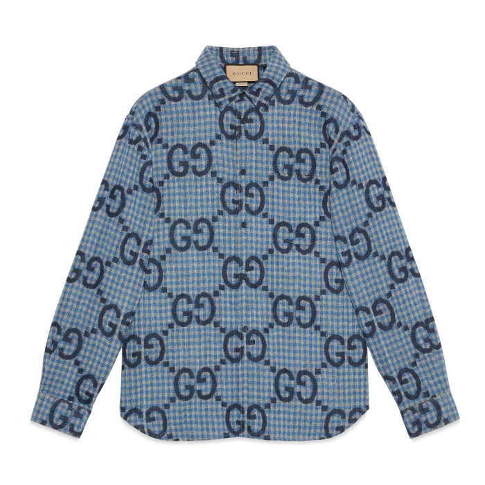 NIGO Gucci Men's Spring and Autumn Blue Letter Printed Single Breasted Long Sleeve Lapel Shirt #nigo98873
