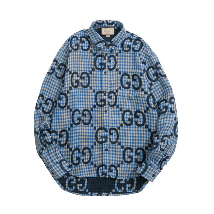 NIGO Gucci Men's Spring and Autumn Blue Letter Printed Single Breasted Long Sleeve Lapel Shirt #nigo98873