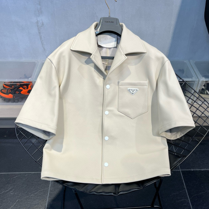 NIGO Prada Men's Summer Solid Color Leather Single Breasted Short Sleeve Shirt Stretch Shorts Set Suit #nigo98895