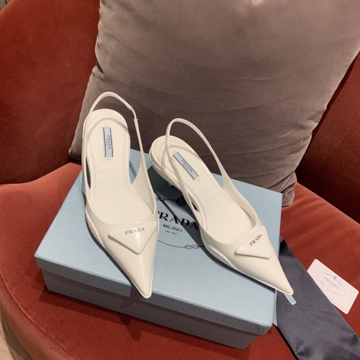NIGO Prada Women's Triangle Label White Cowhide Fine Heeled High Heels Shoes #nigo98898