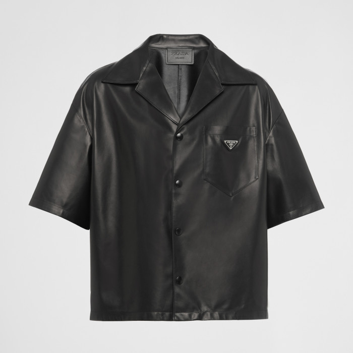 NIGO Prada Men's Summer Solid Color Leather Single Breasted Short Sleeve Shirt Stretch Shorts Set Suit #nigo98895