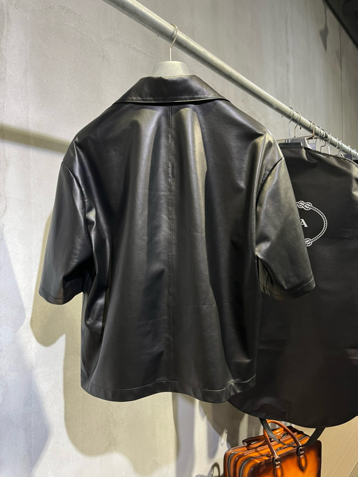 NIGO Prada Men's Summer Solid Color Leather Single Breasted Short Sleeve Shirt Stretch Shorts Set Suit #nigo98895