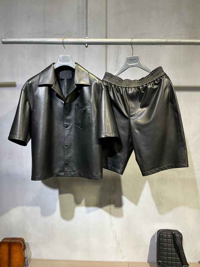 NIGO Prada Men's Summer Solid Color Leather Single Breasted Short Sleeve Shirt Stretch Shorts Set Suit #nigo98895