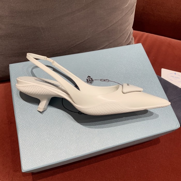 NIGO Prada Women's Triangle Label White Cowhide Fine Heeled High Heels Shoes #nigo98898
