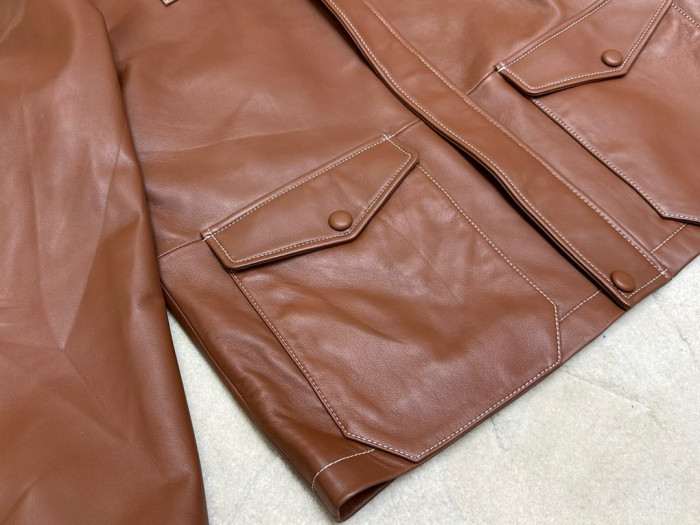 NIGO Fendi Men's Autumn and Winter Brown Lapel Zipper Loose Long Sleeve Leather Jacket #nigo98884