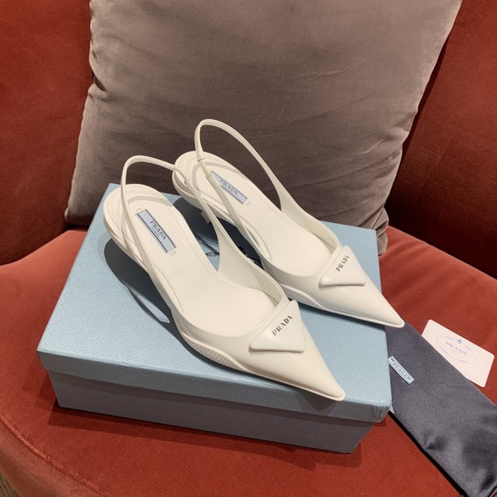 NIGO Prada Women's Triangle Label White Cowhide Fine Heeled High Heels Shoes #nigo98898