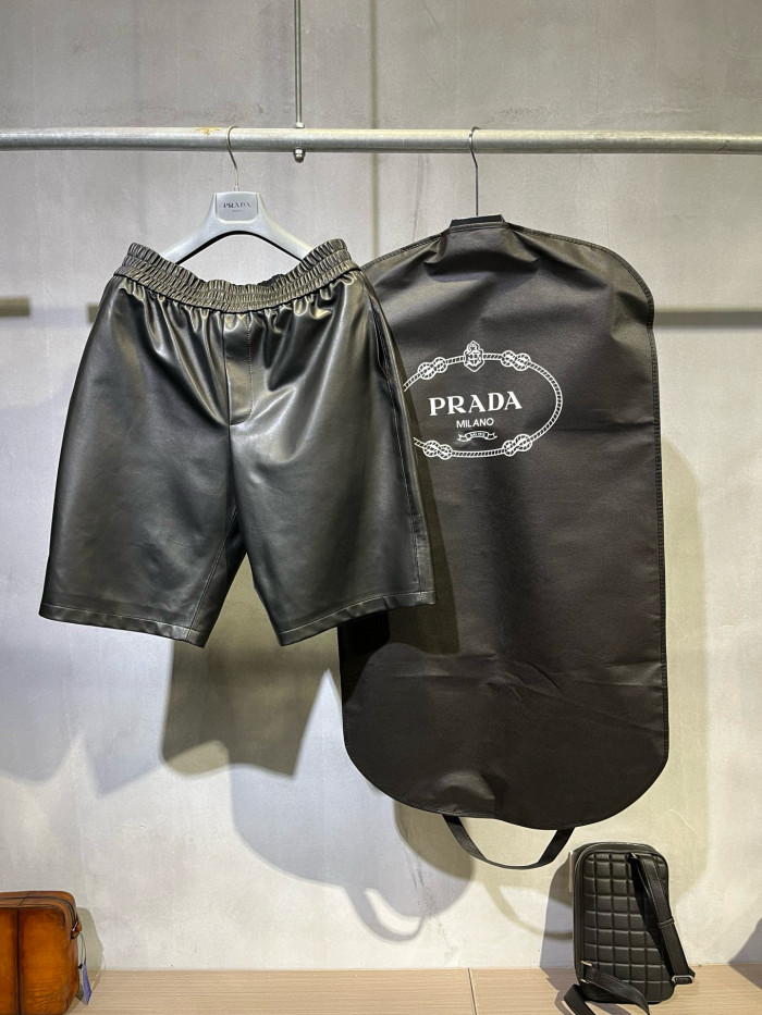 NIGO Prada Men's Summer Solid Color Leather Single Breasted Short Sleeve Shirt Stretch Shorts Set Suit #nigo98895