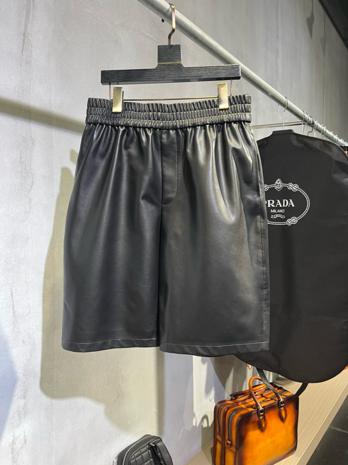 NIGO Prada Men's Summer Solid Color Leather Single Breasted Short Sleeve Shirt Stretch Shorts Set Suit #nigo98895