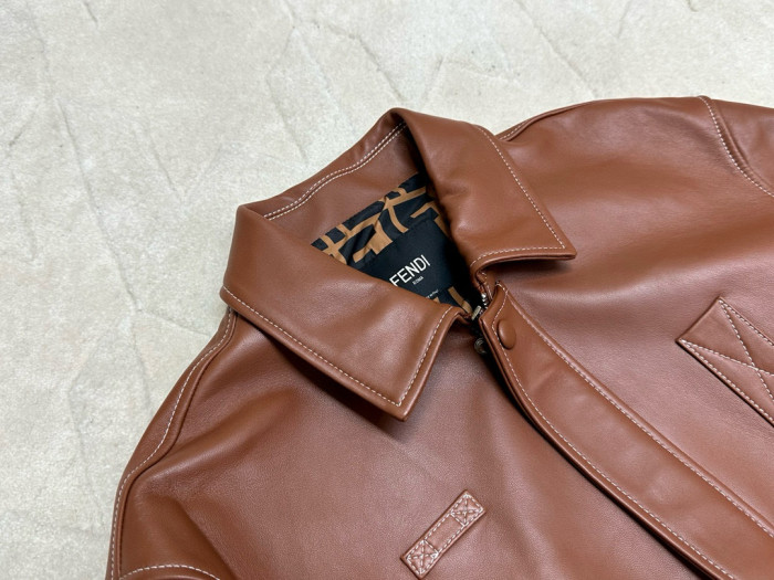 NIGO Fendi Men's Autumn and Winter Brown Lapel Zipper Loose Long Sleeve Leather Jacket #nigo98884