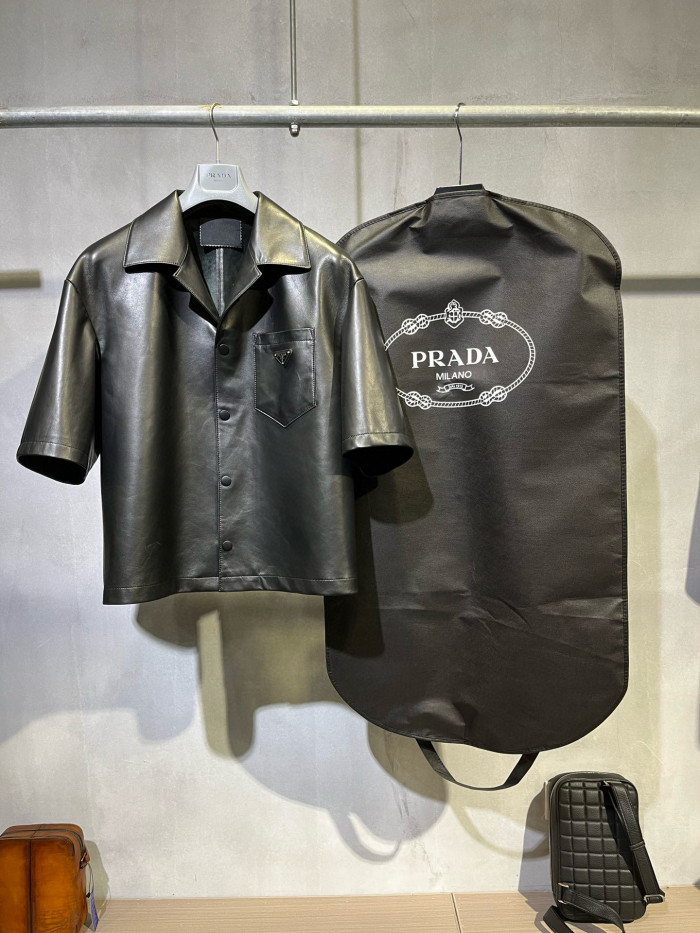 NIGO Prada Men's Summer Solid Color Leather Single Breasted Short Sleeve Shirt Stretch Shorts Set Suit #nigo98895