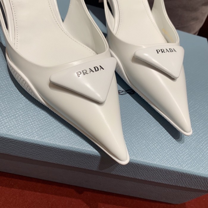 NIGO Prada Women's Triangle Label White Cowhide Fine Heeled High Heels Shoes #nigo98898