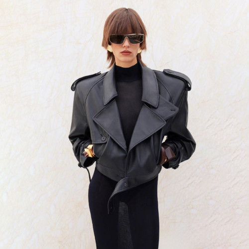 NIGO SAINT LAURENT Women's Spring And Autumn Fashion High Street Sheepskin Lapel Short Leather Button Biker Leather Jacket Ngvp #nigo8158
