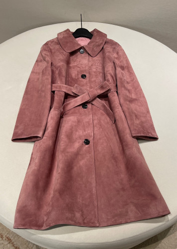 NIGO MiuMiu Women's Autumn and Winter Suede Pink Single Breasted Tie Waist Long Coat Jacket #nigo98877