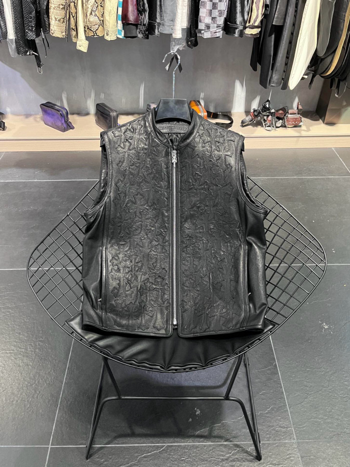 NIGO Chrome Hearts Men's Spring/Summer Dark Logo Leather Zipper Sleeveless Waistcoat Vest Jacket #nigo98936