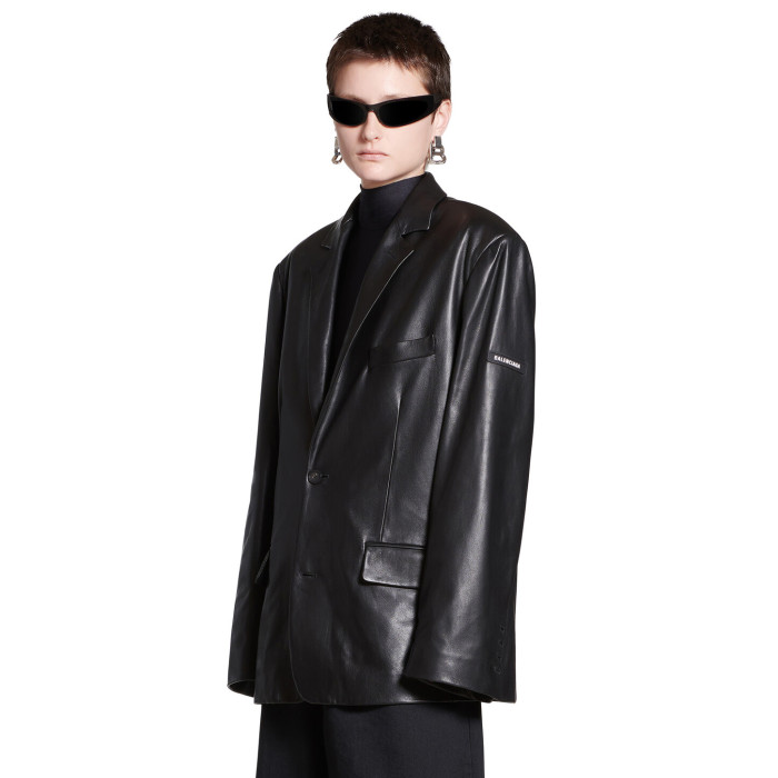 NIGO Balenciaga Men's Fall/Winter Black Logo Labeled Single Breasted Regular Fit Long Sleeve Leather Jacket #nigo98955