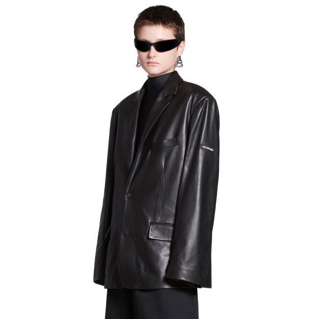 NIGO Balenciaga Men's Fall/Winter Black Logo Labeled Single Breasted Regular Fit Long Sleeve Leather Jacket #nigo98955