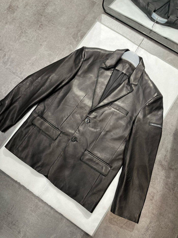 NIGO Balenciaga Men's Fall/Winter Black Logo Labeled Single Breasted Regular Fit Long Sleeve Leather Jacket #nigo98955