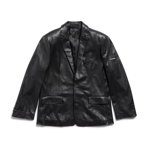 NIGO Balenciaga Men's Fall/Winter Black Logo Labeled Single Breasted Regular Fit Long Sleeve Leather Jacket #nigo98955