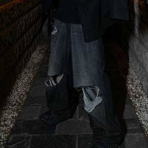 NIGO Balenciaga Men's Four Seasons Black Cotton Mid Waist Loose Ripped Denim Pants Ngvp #nigo8181