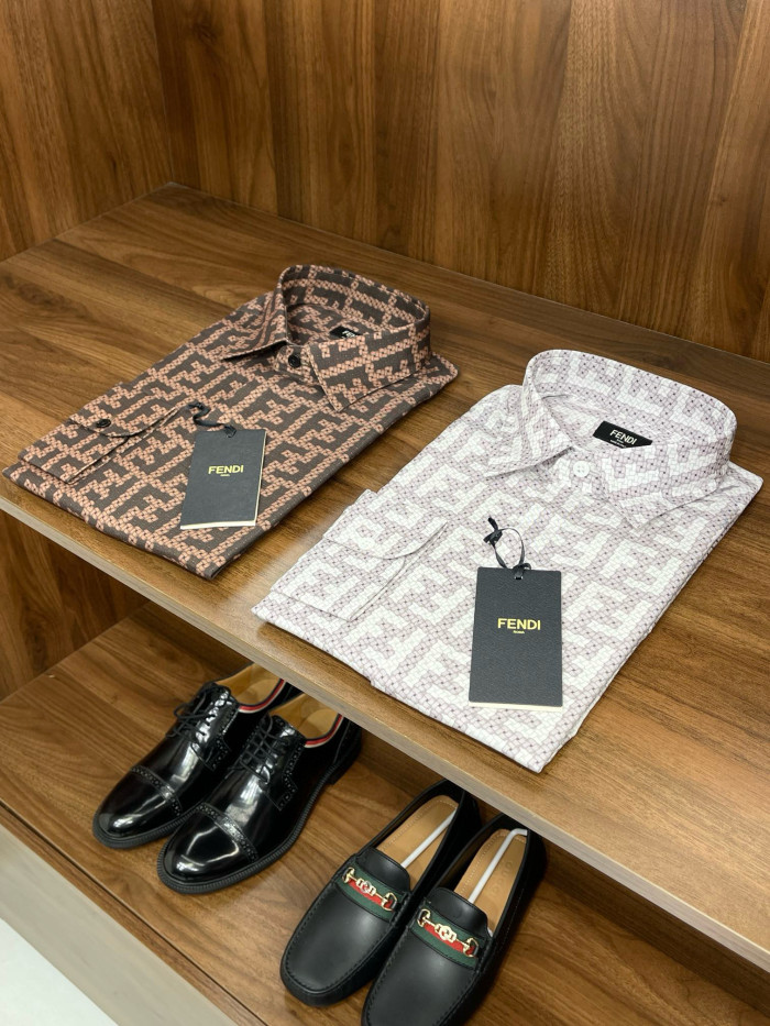 NIGO Fendi Men's Spring and Autumn Full Print Letter Print Lapel Single Breasted Long Sleeve Shirt #nigo99179