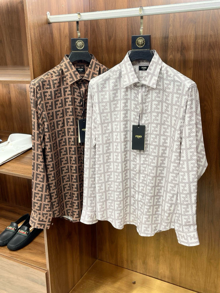 NIGO Fendi Men's Spring and Autumn Full Print Letter Print Lapel Single Breasted Long Sleeve Shirt #nigo99179