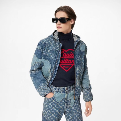 NIGO Louis Vuitton Men's Spring And Fall Logo Spliced Denim Hooded Jacket Fashion Casual Fitted Jacket #nigo6622