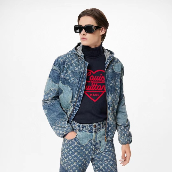 NIGO Louis Vuitton Men's Spring And Fall Logo Spliced Denim Hooded Jacket Fashion Casual Fitted Jacket #nigo6622