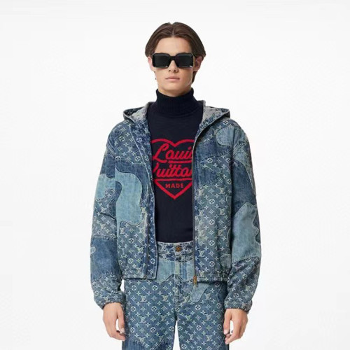 NIGO Louis Vuitton Men's Spring And Fall Logo Spliced Denim Hooded Jacket Fashion Casual Fitted Jacket #nigo6622