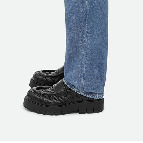 NIGO Bottega Veneta Men's Spring And Summer Black Lace-up Leather Shoes Cowhide Round Head Woven Penny Loafers Thick Bottomed Loafers Ngvp  #nigo8235