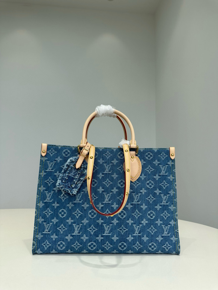 NIGO Louis Vuitton OnTheGo Women's Blue Denim Patchwork Cowhide Alphabet Print Shopping Bag Tote Bags #nigo99266